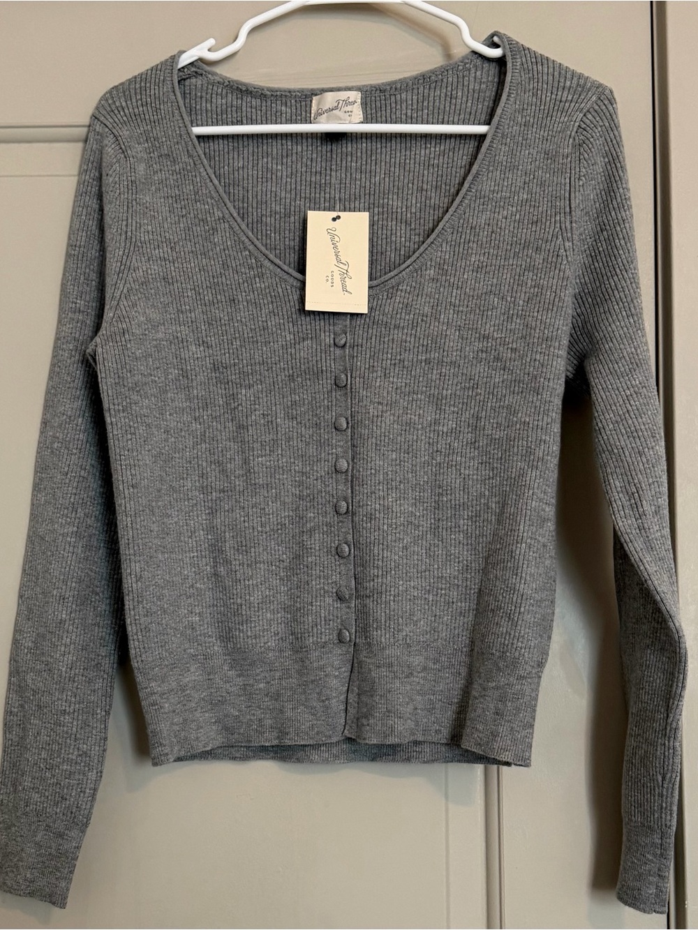Universal Thread Gray Ribbed Button-Front Cardigan